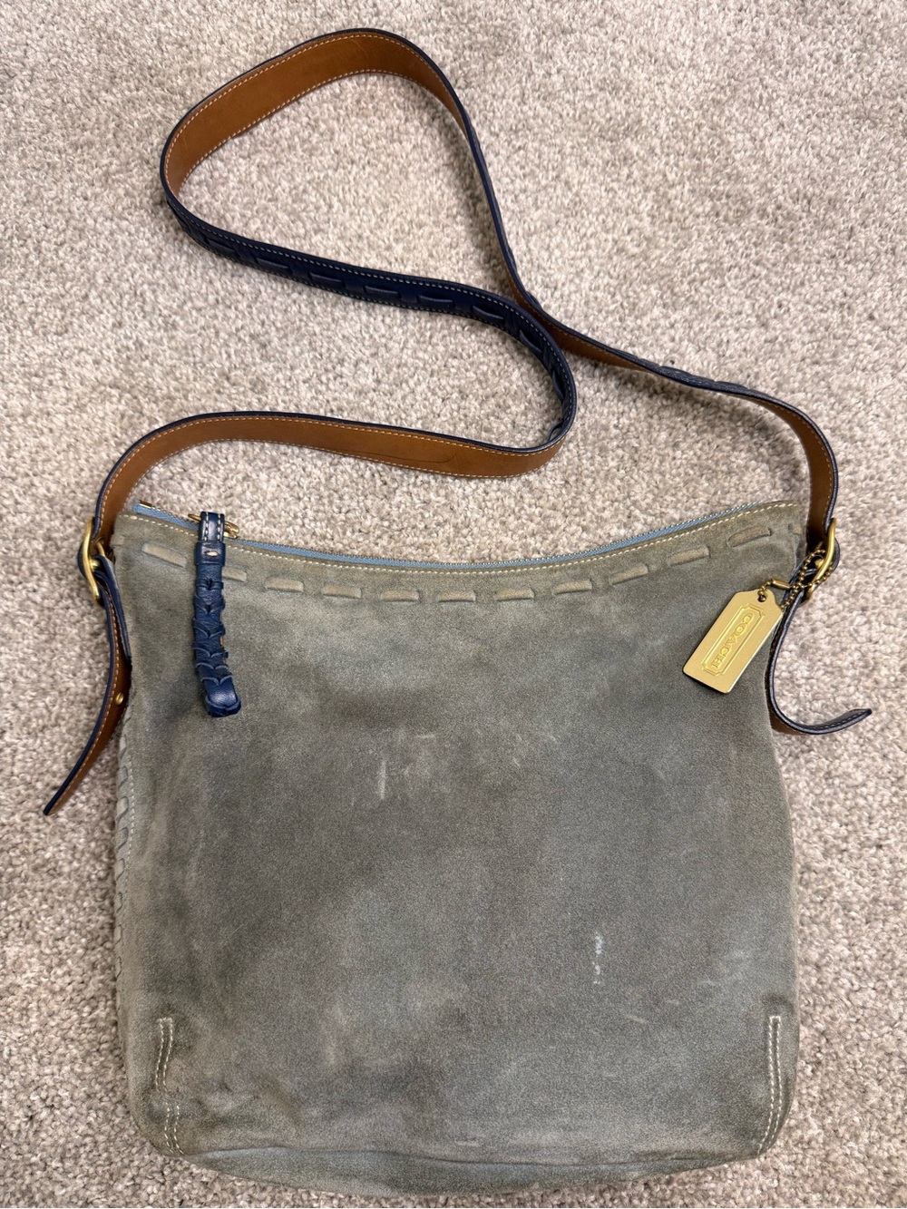 Y2K Coach Olive Green Suede Bucket Bag with Tan & Navy Strap